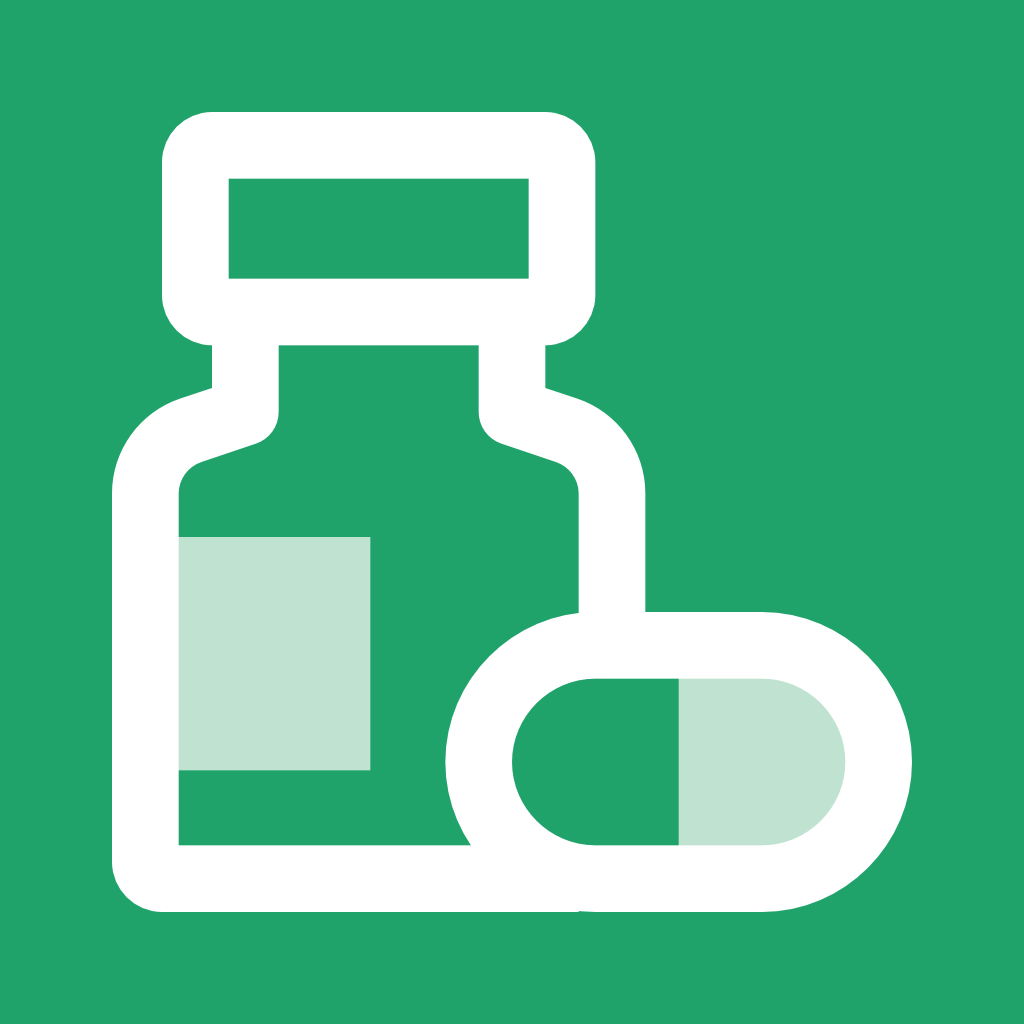 SeymourPills app icon: a white pill bottle and capsule on a green background